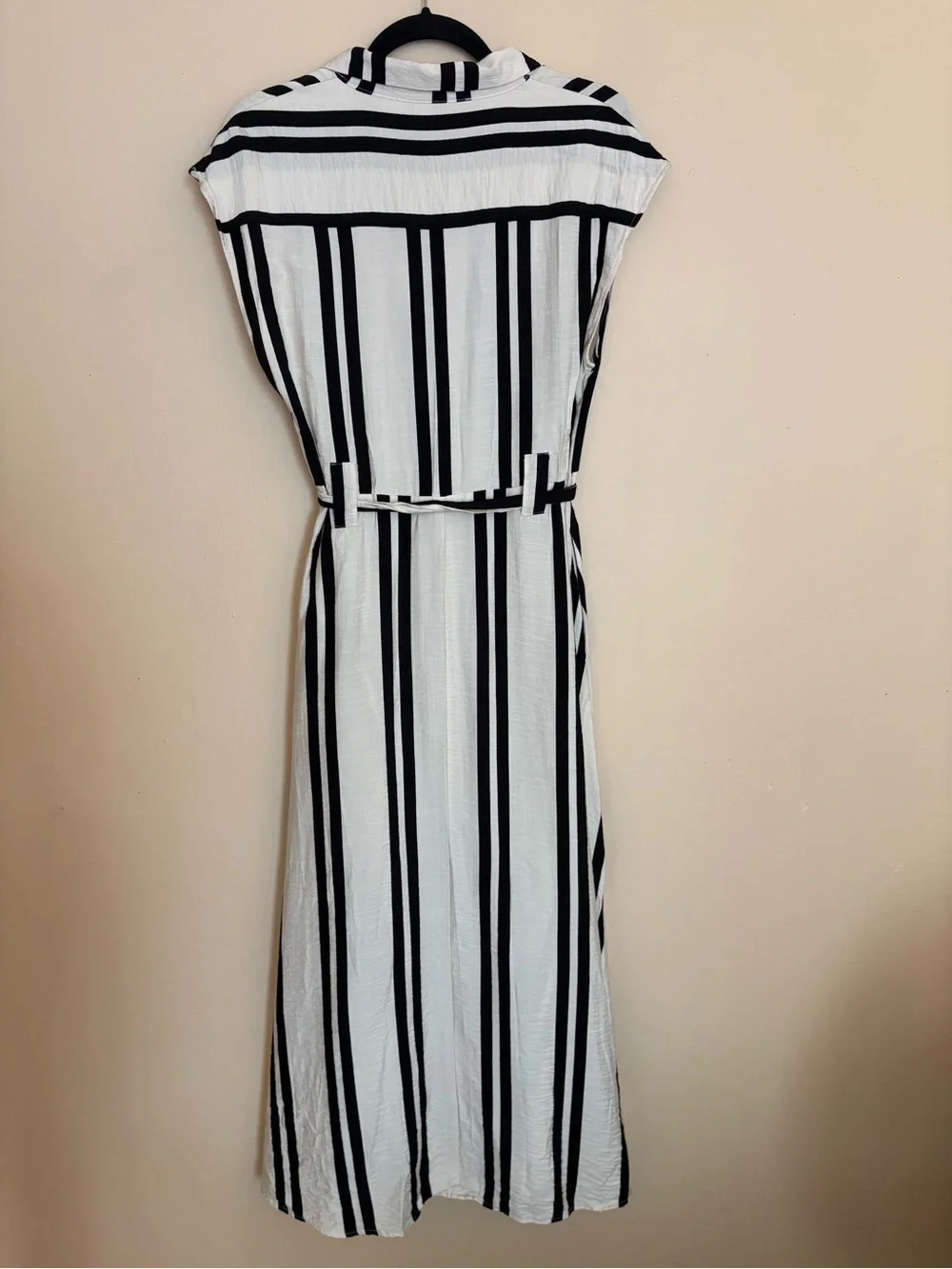 Primark Black White Vertical Stripe Button Front Belted Collared Maxi Dress - Picture 6 of 10